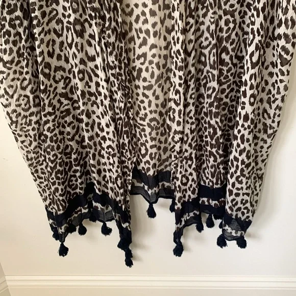 J Crew Leopard open front fringe detail kimono cape cardigan swim coverup SZ M/L - Picture 10 of 14